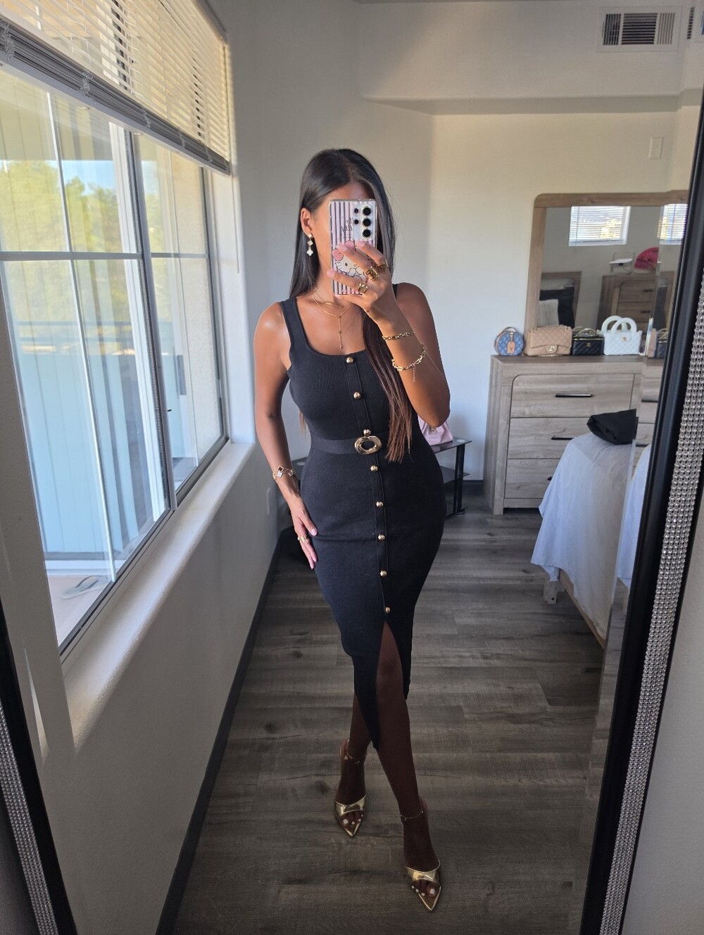 Elegant Black Button-Front Midi Dress with Belt Detail Stretchy - Picture 7 of 17